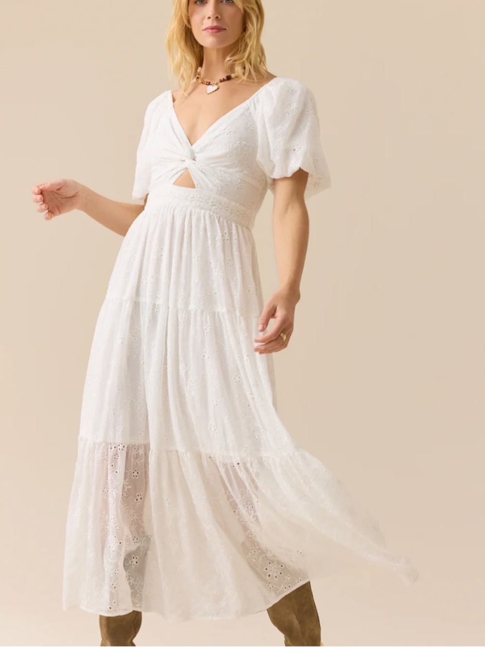 NWT- Altar'd State White Eyelet Twist-Front Puff Sleeves Semi-Sheer Maxi Dress